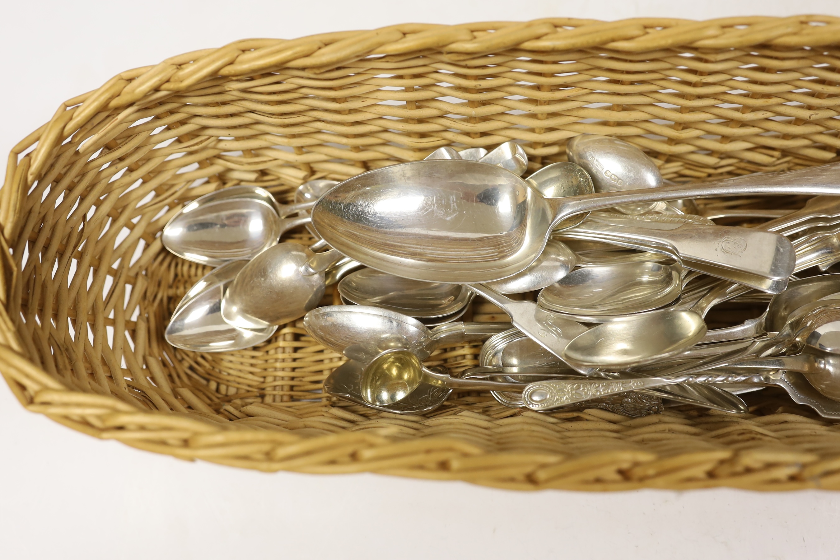 Assorted silver flatware including a set of six Victorian fiddle pattern teaspoons and pair of tongs, Newcastle, 1852, a set of six later coffee spoons, Sheffield, 1935, a set of six George III teaspoons, London, 1811 an